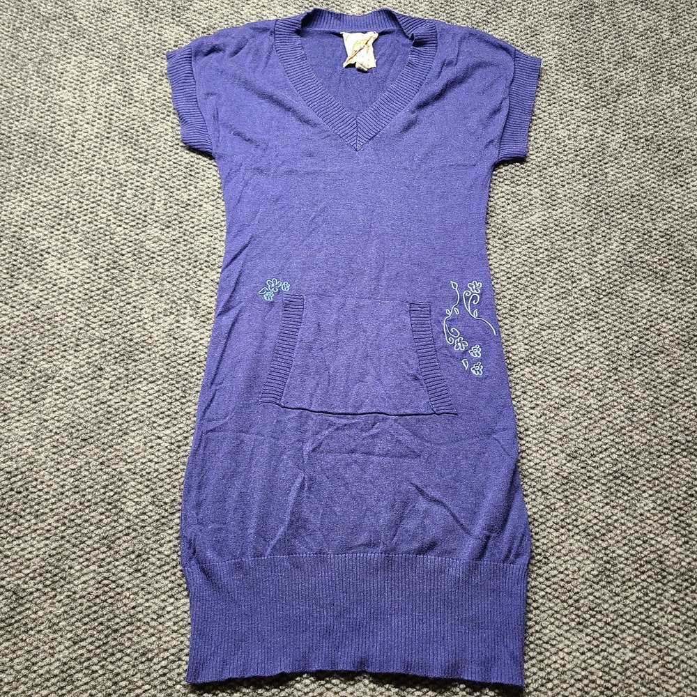 Y2k Mynt 1792 Sweater Dress Womens S Purple Tight Knit V Neck Floral Embroidered